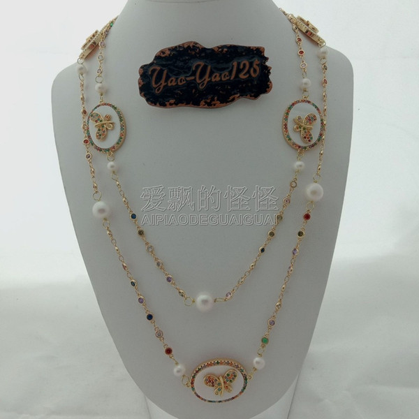 N091210 44'' White Pearl White Mop CZ Chain Long Necklace