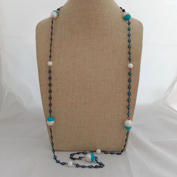 N022934 41'' White Keshi Pearl Blue Crystal Pave Chain Long Necklace