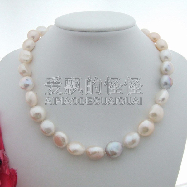 N080154 Natural 15MM White Purple Pink Baroque Pearl Necklace CZ Clasp