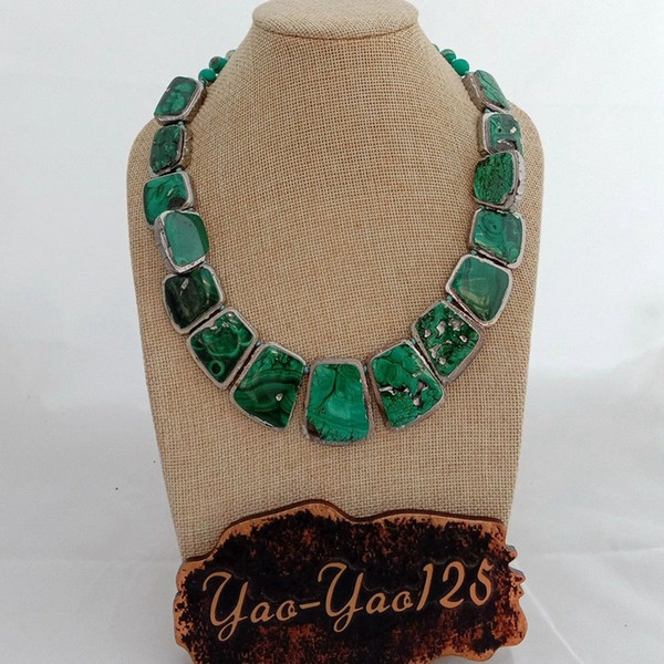 N012809 19'' Green Malachite Silver Plated Graduated Necklace