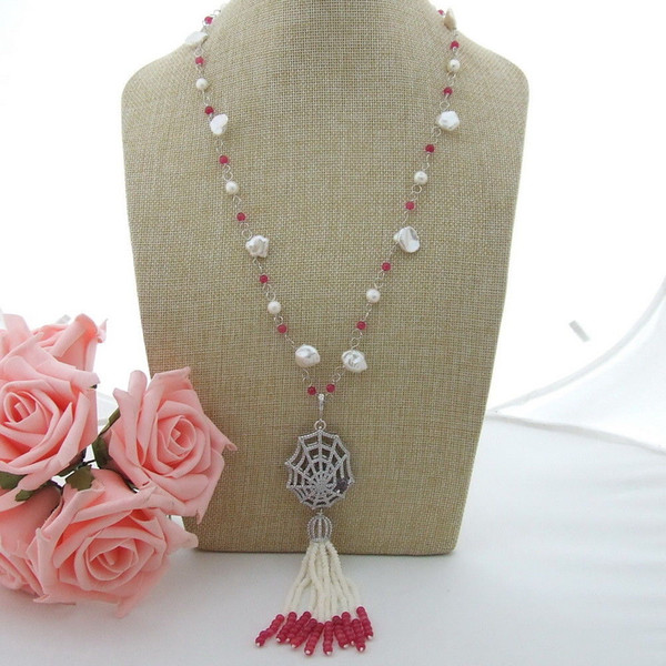 N012805 25'' White Keshi Pearl Coral Jade Necklace