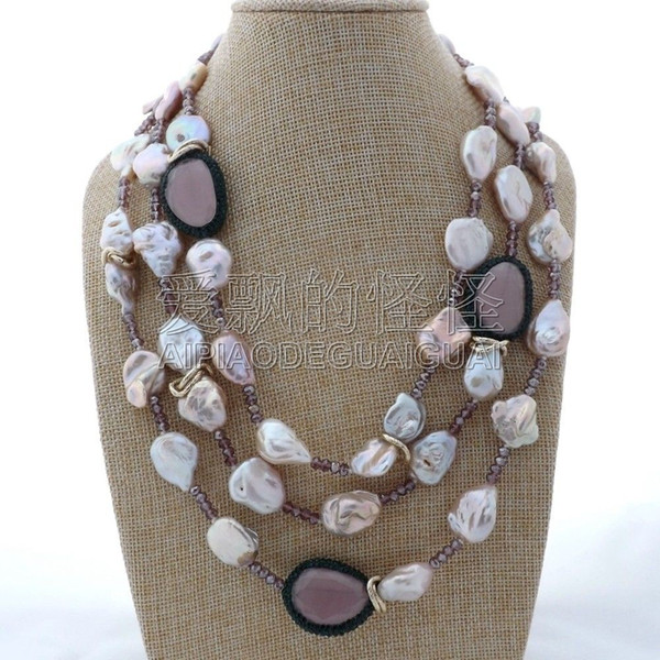 N112606 19'' 3 Strands Keshi Pearl Pink Cat Eye Crystal Necklace