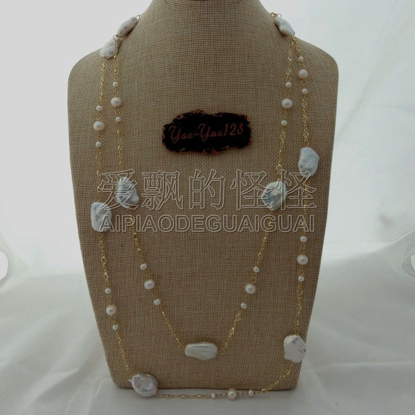 N091208 65'' White Keshi Pearl Crystal Chain Long Necklace