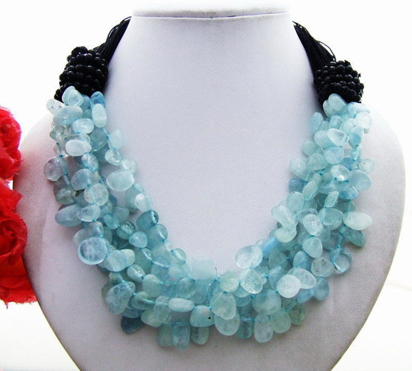 Natural 5Strands Bule Stone&Onyx Pink Crystal Stone &Onyx Blue Chalcedony&Onyx Necklace