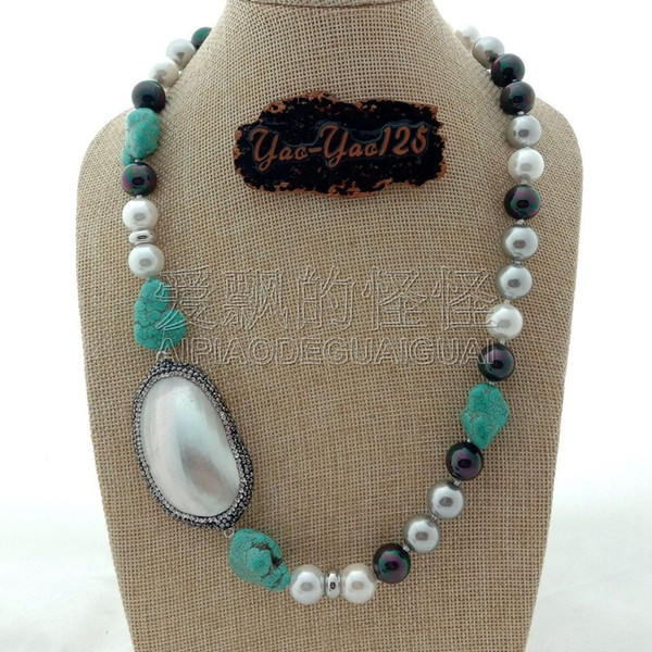 N080147 23'' Sea Shell Pearl Blue Stone Necklace Shell Pendant