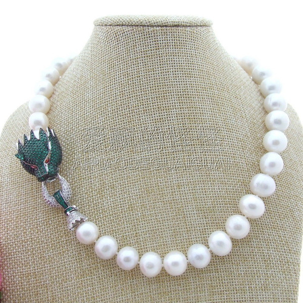 N013029 Natural 12-14mm 18'' White AA Freshwater Cultured Pearl Necklace Cz Clasp