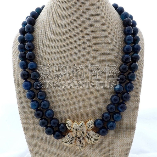 N122907 21'' 2Strand Blue Agate CZ Flower Necklace