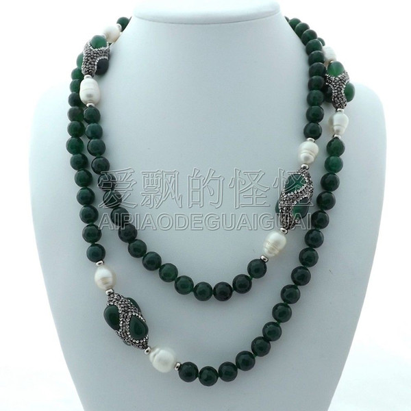 N080111 48'' Green Stone White Rice Pearl Necklace