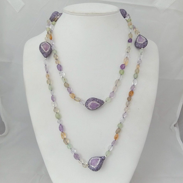 N012810 48'' Amethyst Citrine Prehnite Long Necklace