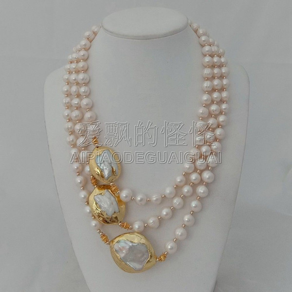 N010625 3 Strands 18''-21'' White Pearl 24 K Golden Plated Keshi Pearl Necklace