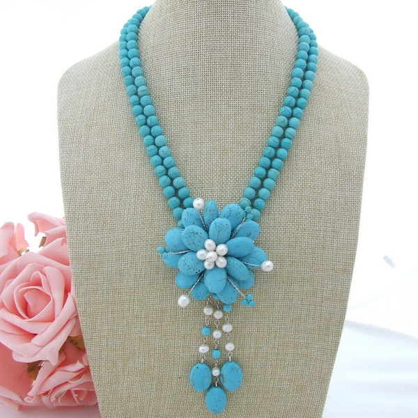 N022931 20'' 2 Strands White Pearl Turquoise Flower Necklace