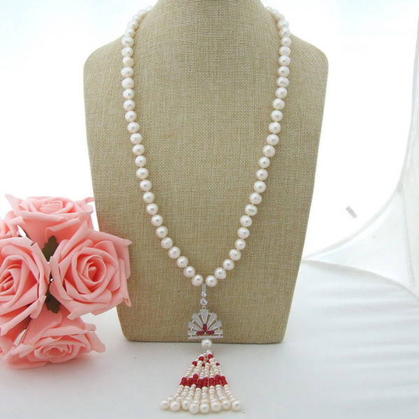 N022950 28'' White Pearl Red Jade Necklace CZ Pendant