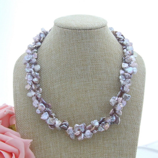 N022933 3 Strands 18'' Top-Drilled Purple Keshi Pearl Necklace