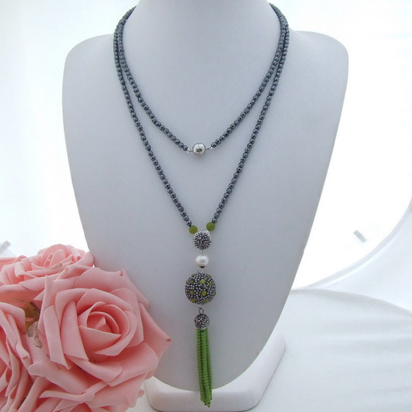 N022960 41'' Hematite Jade White Pearl Necklace