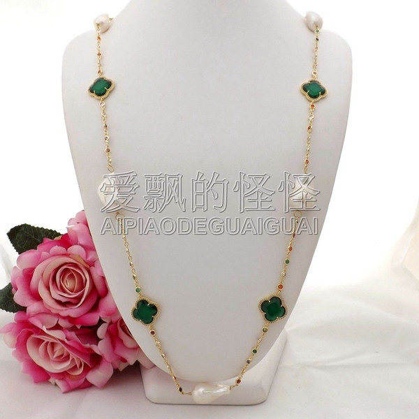 N090603 37'' White Keshi Pearl Green Crystal Cz pave Chain Necklace