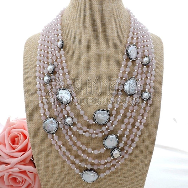 N062103 7Strands White Pearl Rose CZ Necklace