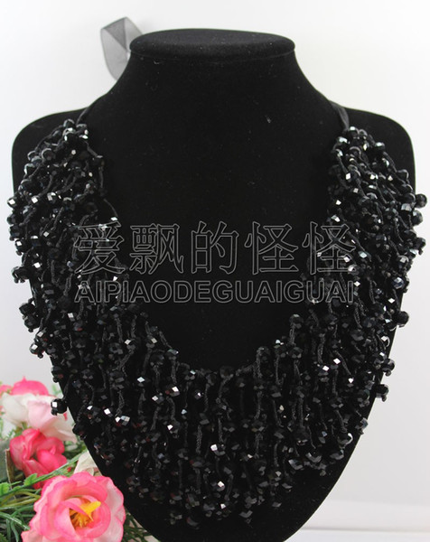 N090525 18'' Hand-Made Silk 8mm Natural Black Crystal Necklace