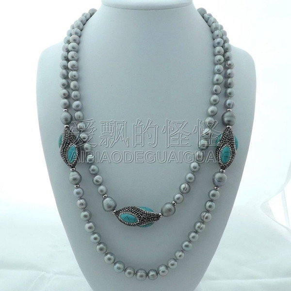 N070182 55'' Grey Pearl Blue Stone Long Necklace