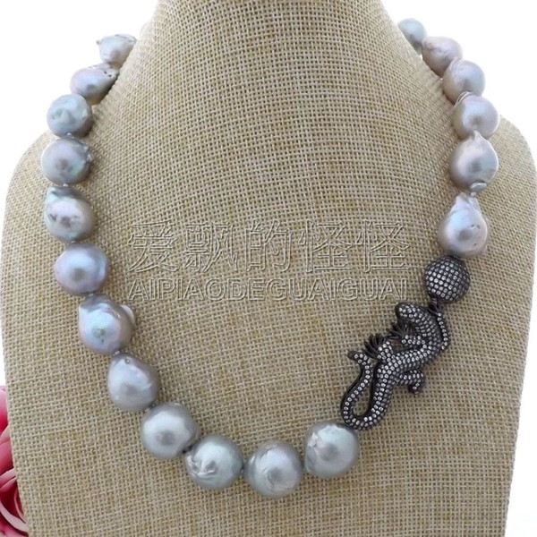 N110110 14x16MM Grey Keshi Pearl Necklace Lizard CZ Pave Pendant