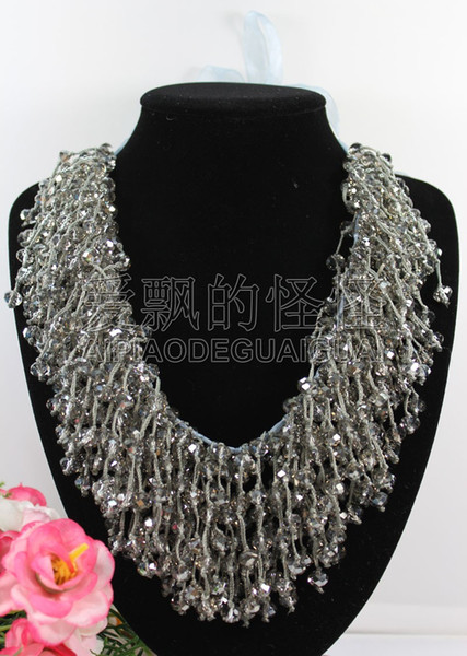 N090524 18'' Hand-Made Silk 8mm Natural Grey Gray Crystal Necklace