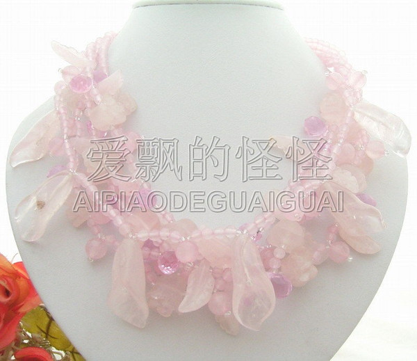 N082913 5Strands Rose Pink Crystal Flower Necklace