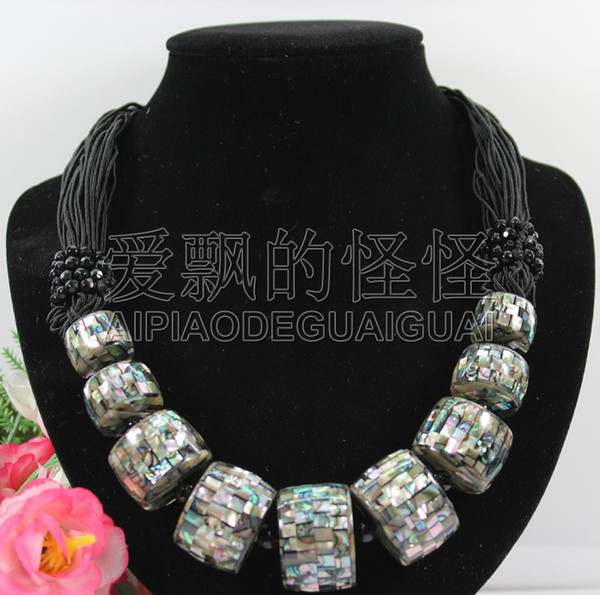 N090528 19'' Hand-Made Black Paua Abalone Round Onyx Shell Necklace