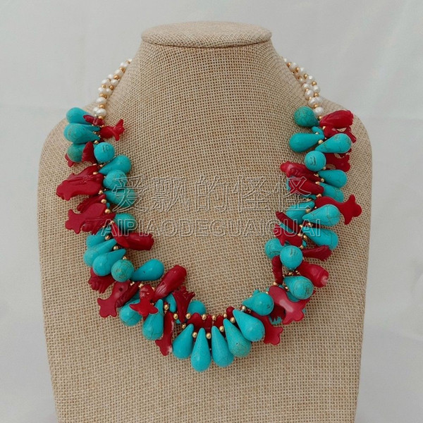 N010613 19'' 2Strands White Pearl Blue Stone Red Coral Necklace