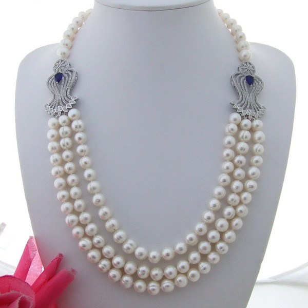 Hand knotted 3strands 8-9mm white round freshwater pearl necklace micro inlay zircon accessories pearl pendant long 53-58cm