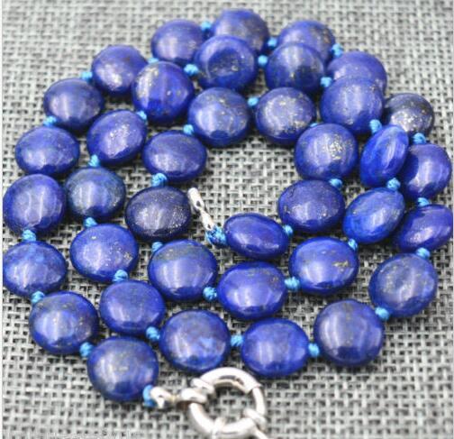 Beautiful! 14mm coin Natural lapis lazuli gemstone jewelry necklace loog 36 Inch