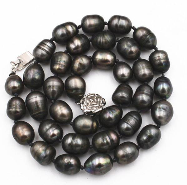 new NATURAL 9-10MM TAHITIAN RICE BLACK gray PEARL NECKLACE 18