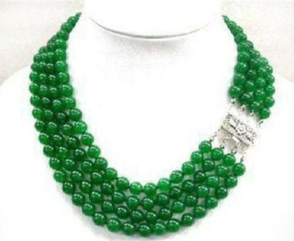 Beautiful 4 Rows 8mm Natural Green Jade Round Gemstone Beads Necklace 17-20