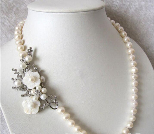 FREE SHIPPING>>Beautiful Natural 7-8mm White Freshwater Pearl Necklace Shell Flower Clasp 20 