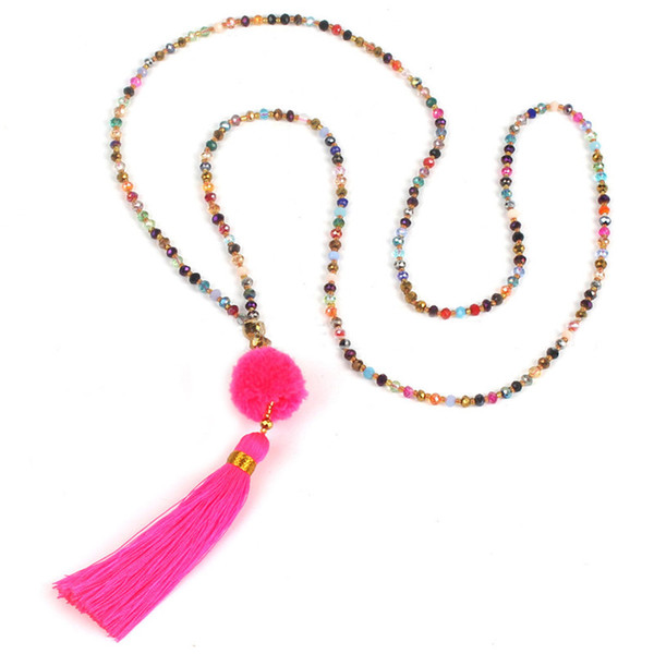 Fashion mix color beads necklace bohemian style tassel women pendant necklace with multicolor pompom drop shipping