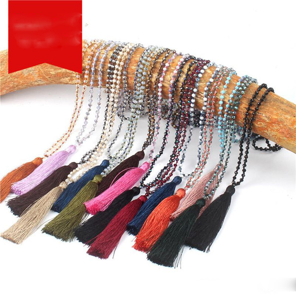 Brand New Glass Crystal Mala Necklace Handmade Knot Faceted Roundelle Crystal Long Tassel Buddhism Meditation Necklace For Women Gifts