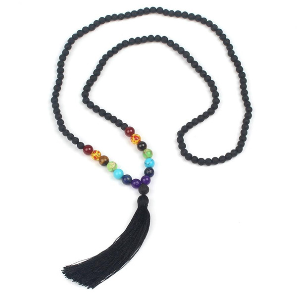 Natural Lava-rock Stone Bead Necklace Tassel Pendant Necklaces Rainbow 7 Chakra Amethy Beads Diffuser Amulet Yogo Jewelry Chirstmas Gift A35