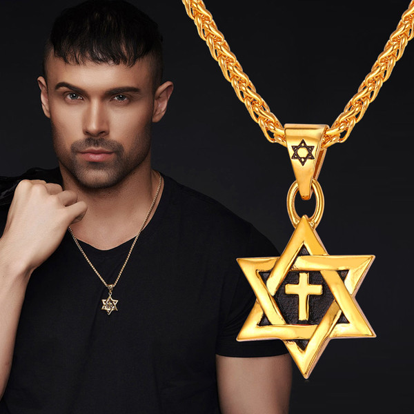 New Punk Style Star of David with Cross 316L Stainless Steel Hexagon Shape Men Pendant Necklace 18K Gold Plated Jewelry K3724