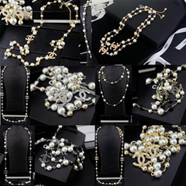 Brand Design Letter Pearl Necklaces Fashion Metal Letter Diamond Necklace Luxury Pearl Chains Necklaces Jewelry With Box