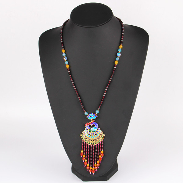 Ethnic Natural Garnet Beaded Tassel Necklace Color Enamel Peacock Drop Necklace For Women Long Sweater Chain Jewelry Accessories Wholesale