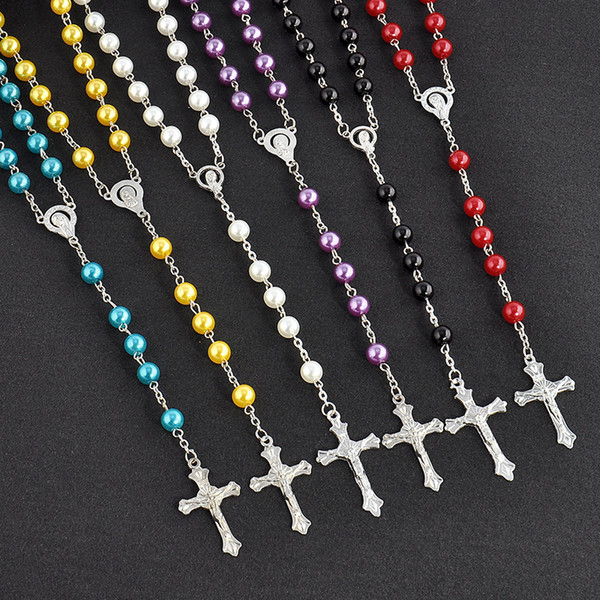 Free DHL Women Long Cross Necklace Sweater Chain Imitation Pearl Rosary Christian Pendant Necklace 6 Colors for Choice H357Q