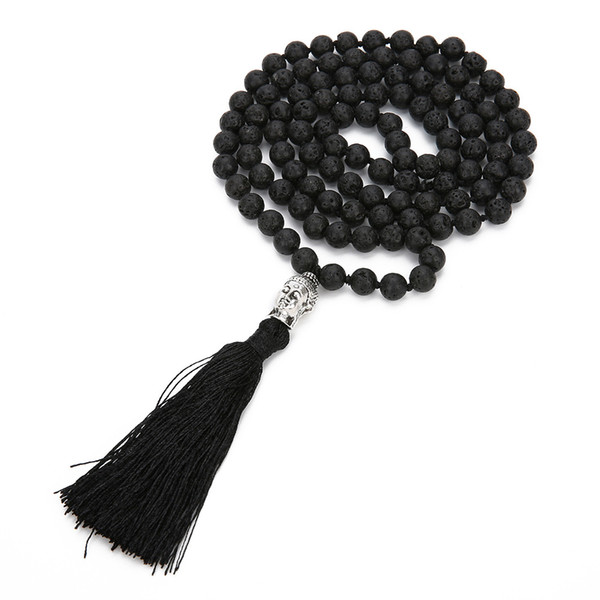 2018 Bohemian Lava Rock Long tassel Necklace Diffuser Essential Oil Black Natural stone Buddha beads sweater Chain For women Fashion Jewelry