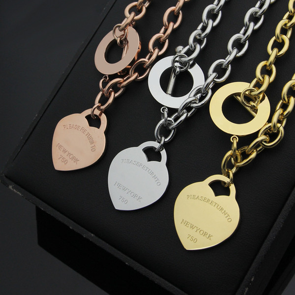 New women Luxury Stainless Steel OT chain T Heart pendant charms Necklace Gold silver rose gold high quality