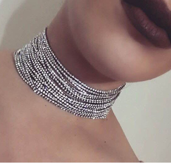 European Fashion Silver Alloy Personality Necklace Women Brand Designer Retro Simple Diamond Multi-layer Banquet Choker Necklace