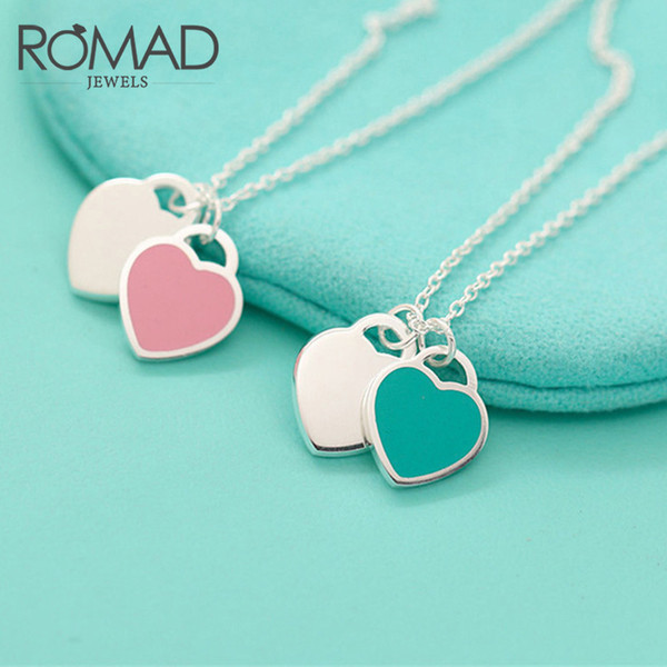 ROMAD Fashion Blue Pink Two Heart Pendant Necklaces 2017 Design Charm Enamel Alloy Necklace For Women Girls Gifts Jewellery