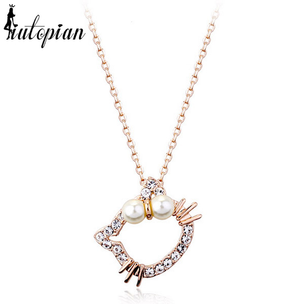 Iutopian Cute Hello Kitty Pendant Necklace With Simulated Pearl For Girl Children Jewelry Anti-allergy #M-30556