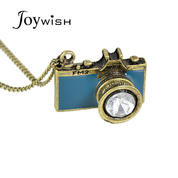 Vintage Jewelry maxi necklace Anitque Gold-Color Long Chain Colorful Enamel Camera Pendant Necklace Top Selling collier femme