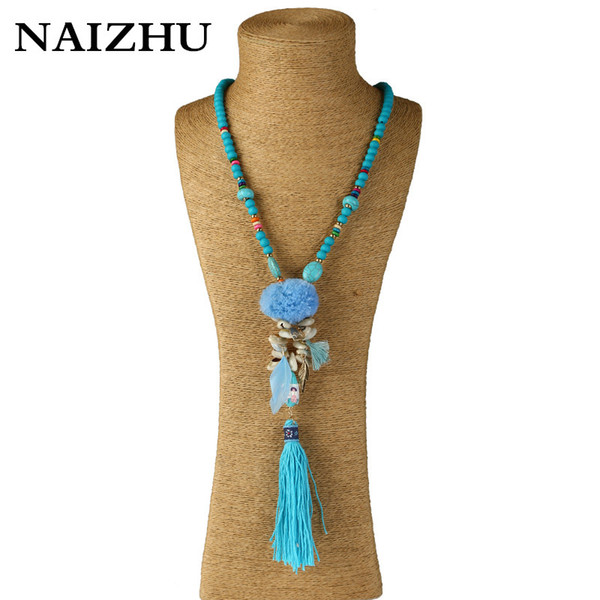 NAIZHU Boho handmade long stone beaded chain necklaces Bohemian pompous tassel pendant necklace women shell beah jewelry