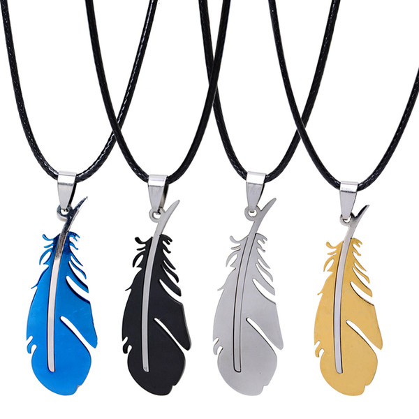 New Colorful Stainless Steel Feather Pendant Necklace for Men Women Lethear Rope Chain Necklace Fashion accessories jewelry