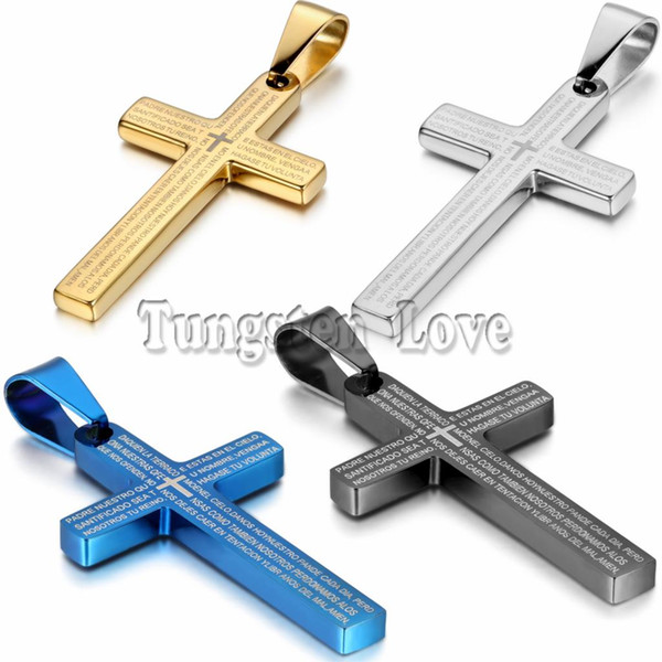 High Quality Men's Jewelry Stainless Steel Bible Cross Pendant Necklace with Chain 55cm Black Blue Gold Silver Colors Selectable