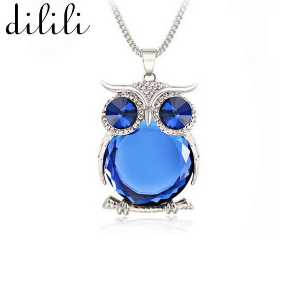 DILILI 2017 fashion plated metal long chain Necklace women vintage blue gem stone owl pendant necklaces & pendants xsn755