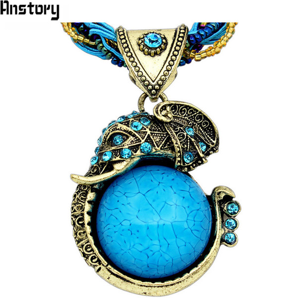 Handmade Chain Crystal Resin Elephant Pendant Necklace For Women Vintage Antique Bronze Plated Fashion Jewelry N190